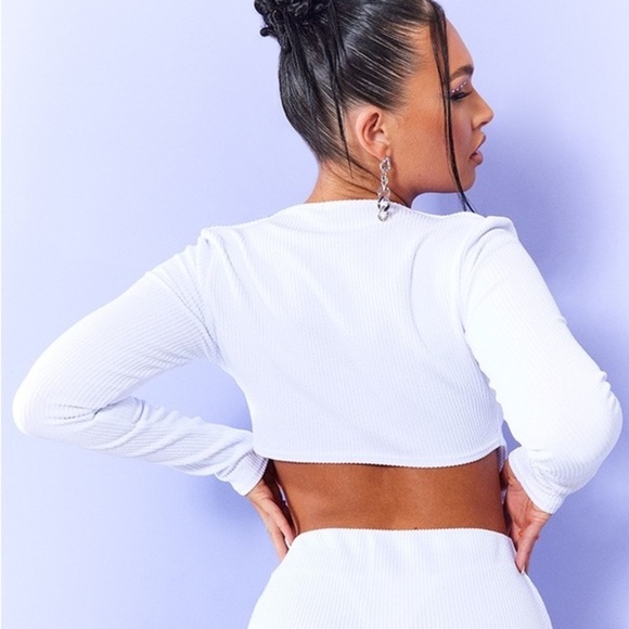 PLT white cutout detail crop top | scoop neck long sleeve rib knit white top NWT - Picture 8 of 9